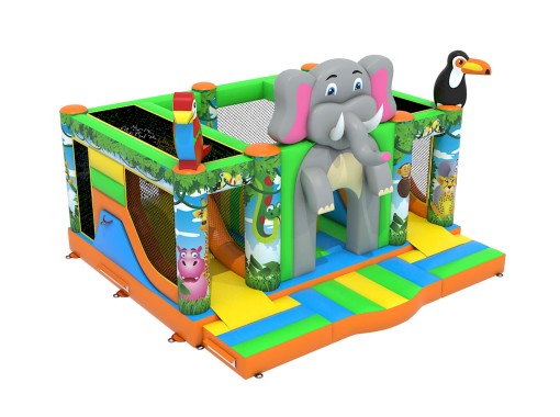 Te koop: nieuw kleurrijk multiplay springkasteel olifant met glijbaan en obstakels.